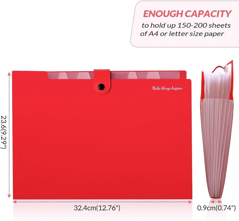 Skydue 8 Pockets Expanding File Organizer, Expandable File Folders with Pockets, Portable Document Paper Organizer, A4 Letter Size Filing Folder, Snap Closure, Red - Image 3